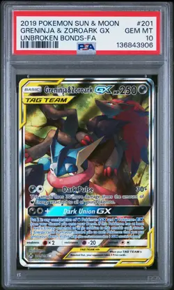 2019 POKEMON SUN & MOON UNBROKEN BONDS FULL ART/GRENINJA & ZOROARK GX PSA 10 - Image 1