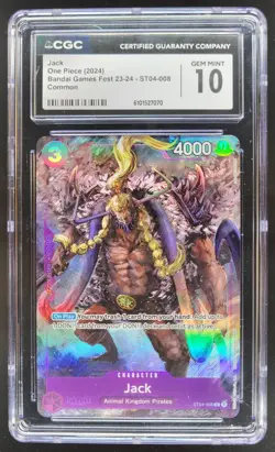 2024 ONE PIECE CCG JACK BANDAI GAMES FEST ST04-008 CGC 10 B RC7 - Image 1