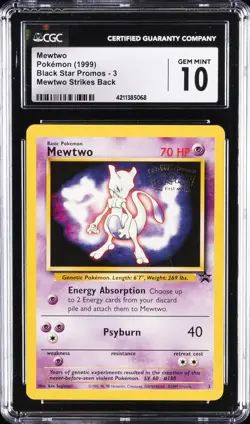 1999 POKEMON GAME MOVIE PROMO #3 MEWTWO CGC 10 GEM MINT - Image 1