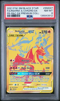 2021 POKEMON SM BLACK STAR PROMO #SM247 FULL ART/RESHIRAM & CHARIZARD GX PSA 8 - Image 1