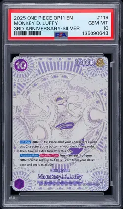2025 ONE PIECE OP11 MONKEY D LUFFY 3RD ANNIVERSARY SILVER OP05-119 PSA 10 - Image 1