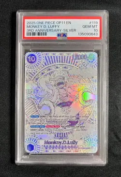 2025 ONE PIECE OP11 MONKEY D LUFFY 3RD ANNIVERSARY SILVER OP05-119 PSA 10 - Image 3