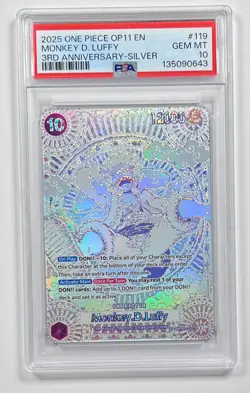 2025 ONE PIECE OP11 MONKEY D LUFFY 3RD ANNIVERSARY SILVER OP05-119 PSA 10 - Image 4