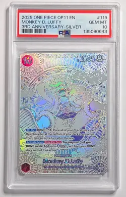 2025 ONE PIECE OP11 MONKEY D LUFFY 3RD ANNIVERSARY SILVER OP05-119 PSA 10 - Image 5