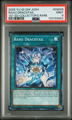 2025 YU-GI-OH! JUSH-JUSTICE HUNTERS 1ST ED-COLLECTOR'S RARE RAHU DRACOTAIL PSA 9 - Image 1