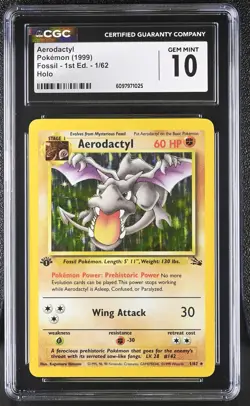 CGC 10 GEM MINT Aerodactyl 1999 Fossil 1st Edition 1/62 Holo Pokemon Card - Image 1