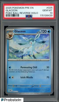 2025 Pokemon PRE EN Poke Ball Reverse Holo #025 Glaceon PSA 10 GEM MINT - Image 1
