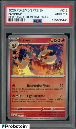 2025 Pokemon PRE EN Poke Ball Reverse Holo #013 Flareon PSA 10 GEM MINT - Image 1