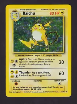 Pokemon TCG 1999 Base Set Unlimited Raichu 14/102 Holo Rare /MP - Image 1