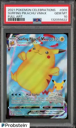 2021 Pokemon Celebrations Full Art #009 Surfing Pikachu VMAX PSA 10 GEM MINT - Image 1