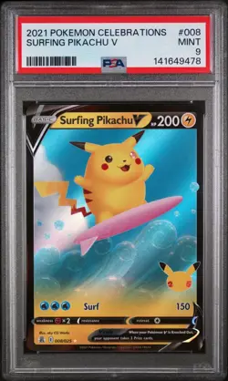 PSA MINT 9 - 2021 POKEMON CELEBRATIONS 008/025 SURFING PIKACHU V NEW CERT - Image 1