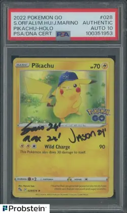 S.Orfali/M.Hu/J.Marino Signed 2022 Pokemon Go #028 Pikachu Holo PSA/DNA AUTO 10 - Image 1