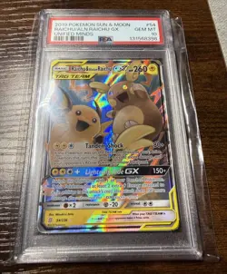 Pokemon PSA 10 GEM MINT Raichu & Alolan Raichu GX 54/236 Unified Minds Tag Team - Image 1