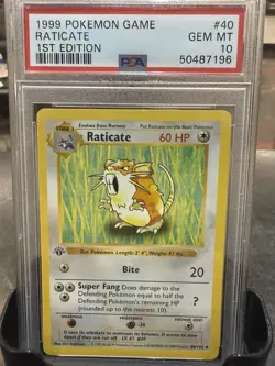 Pokemon TCG Base Set 1st Edition Shadowless Raticate 40/102 PSA 10 - Image 1