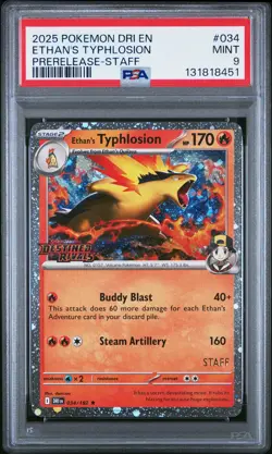 2025 POKEMON DRI EN-DESTINED RIVALS PRERELEASE-STAFF ETHAN'S TYPHLOSION PSA 9 - Image 1