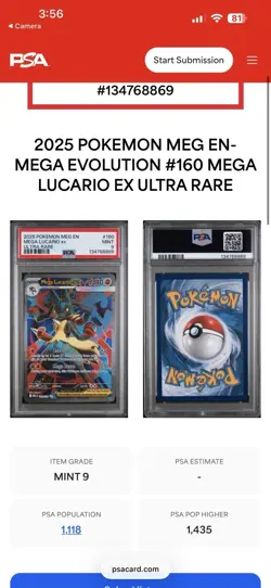 Pokemon Mega Evolution Mega Lucario EX Full Art 160/132 Ultra Rare 2025 PSA 9 MT - Image 3