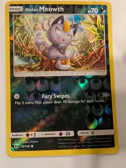 Alolan Meowth 78/149 Sun & Moon Base Set Pokemon Reverse Holo Foil Nice! - Image 1