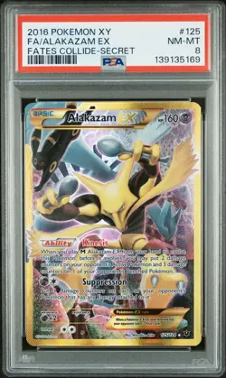 2016 POKEMON XY FATES COLLIDE SECRET #125 FULL ART ALAKAZAM EX PSA NM-MT 8 - Image 1