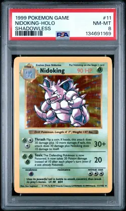 1999 POKEMON GAME SHADOWLESS #11 NIDOKING-HOLO PSA 8 - Image 1