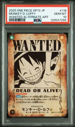 PSA10 Monkey D Luffy #118 One Piece Card Wanted Alt Art OP13 Rare - Image 2