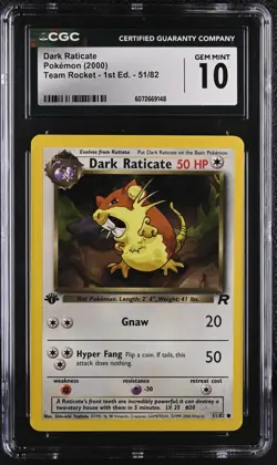 2000 Dark Raticate Pokemon 51/82 Team Rocket 1st Ed. CGC 10 - Image 1