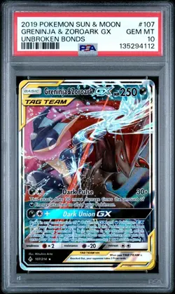 2019 POKEMON SUN & MOON UNBROKEN BONDS #107 GRENINJA & ZOROARK GX PSA 10 - Image 1