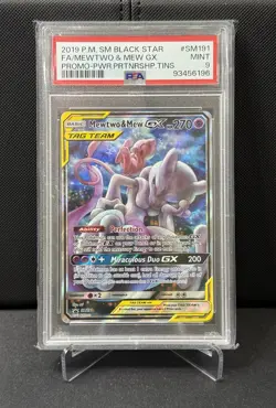 PSA 9 Mint Pokemon Mewtwo & Mew GX Power Partnership Tins Full Art Promo SM191 - Image 1