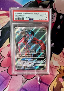 2018 POKEMON SUN & MOON FORBIDDEN LIGHT #124 FULL ART/YVELTAL GX PSA 10 - Image 1