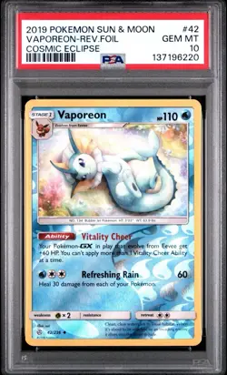 2019 Pokemon Cosmic Eclipse Vaporeon Reverse Holo Foil #42 42/236 PSA 10 Low Pop - Image 1