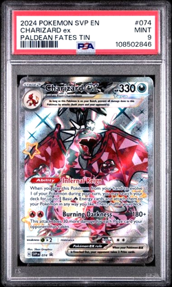 2024 PSA 9 Pokemon SVP EN Charizard ex BSP 074 FA Promo Card Paldean Fates Tin - Image 1