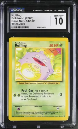CGC 10 Koffing Base Set 51/102 1999-2000 4th Print UK Print WOTC Graded Card - Image 1