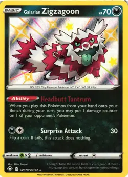 Pokemon TCG Galarian Zigzagoon Shining Fates SV078/SV122 Holo Shiny Holo Rare NM - Image 1