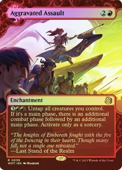 NM Borderless Foil Aggravated Assault, MTG, Wilds of Eldraine, Magic, 39 A - Image 1