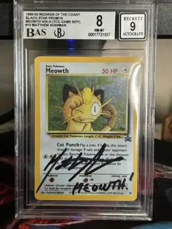 2000 Pokemon Promo Meowth GB Black Star #10 Matthew Sussman PSA 8 Auto 9 - Image 1