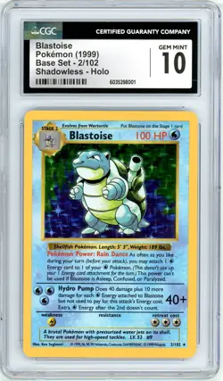 Pokemon Blastoise Base Set Shadowless Holo Rare #2 CGC 10 Gem Mint - Image 1