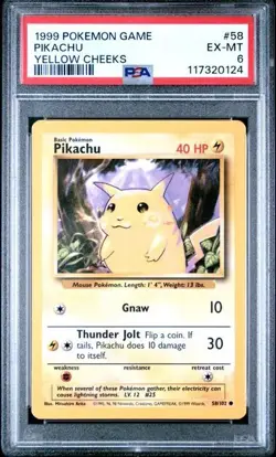 1999 Pokemon Game Base Set Pikachu Yellow Cheeks #58 / 102 Graded PSA 6 - Image 1