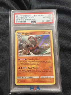2017 Pokemon Sun & Moon 67 Rhyperior Holo Burning Shadows PSA 10 ! Population 8 - Image 1