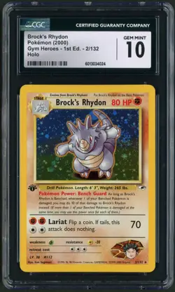 2000 Pokemon Gym Heroes 1st Ed Brock's Rhydon Holo Rare 2/132 CGC Gem Mint 10 - Image 1