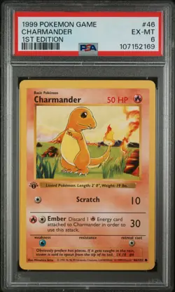 1st Edition PSA 6 Shadowless Chamander Base Set EX MT 46/102 1999 Pokemon - Image 1