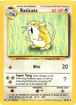 Raticate 40/102 Base Set Uncommon 1999 Pokemon Game Card WOTC - Image 1