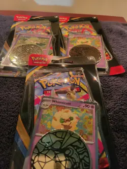 ​3 Sealed Pokemon Phantasmal Flames Blister Packs Cottonee Whimsicott Promo Coin - Image 4