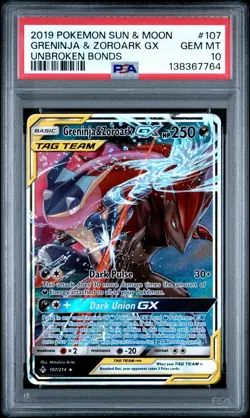 2019 Pokemon Sun & Moon Greninja & Zoroark GX #107 Unbroken Bonds PSA 10 - Image 1