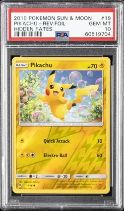 2019 POKEMON SUN & MOON HIDDEN FATES #19 PIKACHU-REVERSE FOIL PSA 10 - Image 1