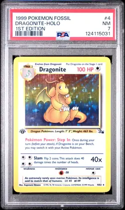1999 Pokemon Fossil Dragonite Holo 1st Edition PSA 7 #4 - Image 1