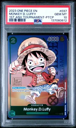 2023 ONE PIECE P-037 1ST ANNIVERSARY TOURNAMENT MONKEY D LUFFY ENGLISH PSA 10 - Image 1