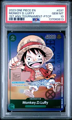 2023 ONE PIECE P-037 1ST ANNIVERSARY TOURNAMENT MONKEY D LUFFY ENGLISH PSA 10 - Image 1