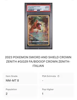 POKEMON PSA 8 BIDOOF FULL ART GG29/GG70 ZENIT REGALE ITALIANO 2023! - Image 4