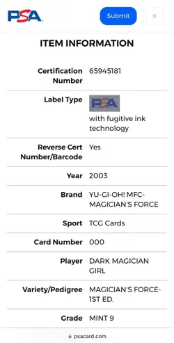 2003 1st Ed. MFC-000 PSA 9 Dark Magician Girl Yu-Gi-Oh Signed By Erica Schroeder - Image 3