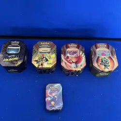 5 pc lot Pokemon Tin/ Mini Tin Lot with 150+ Cards - Image 1