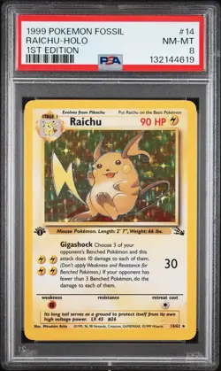 1999 POKEMON FOSSIL 1ST ED #14 RAICHU-HOLO PSA 8 - Image 1